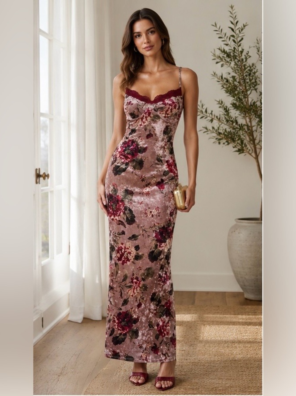 102- Velvet Floral Lace Trim Maxi Dress in Mauve| Romantic Bodycon Evening Gow